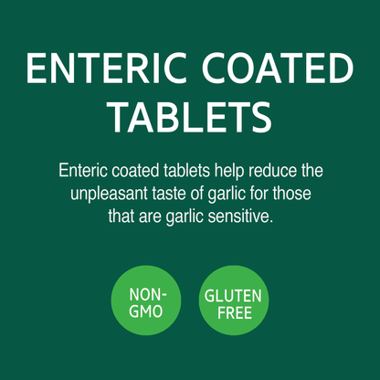 A graphic icon with the words enteric coated tablets help reduce the unpleasant taste of garlic for those that are garlic sensitive, non-GMO and gluten free.