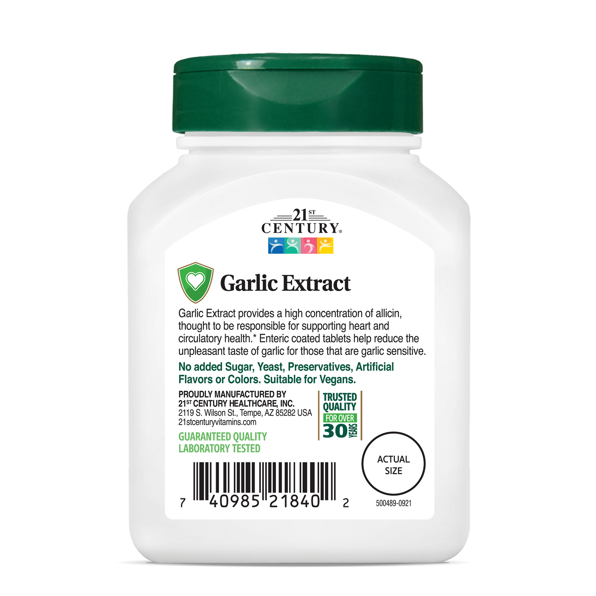 Back side bottle view of 21st Century Garlic Extract enteric coated tablets.