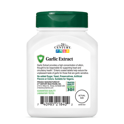 Back side bottle view of 21st Century Garlic Extract enteric coated tablets.