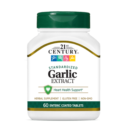 A bottle of 21st Century Garlic Extract enteric coated tablets.