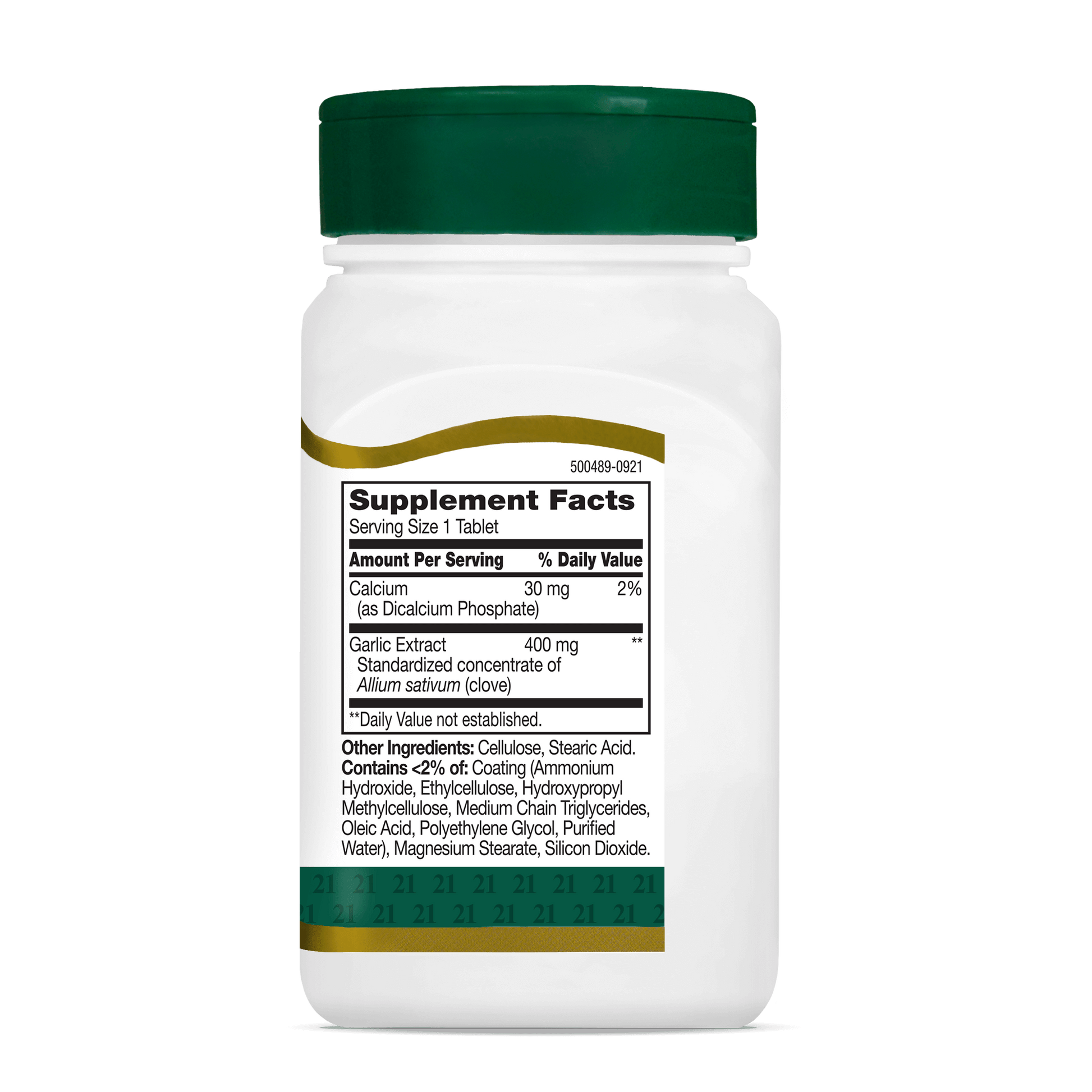 Right side bottle view of 21st Century Garlic Extract enteric coated tablets.