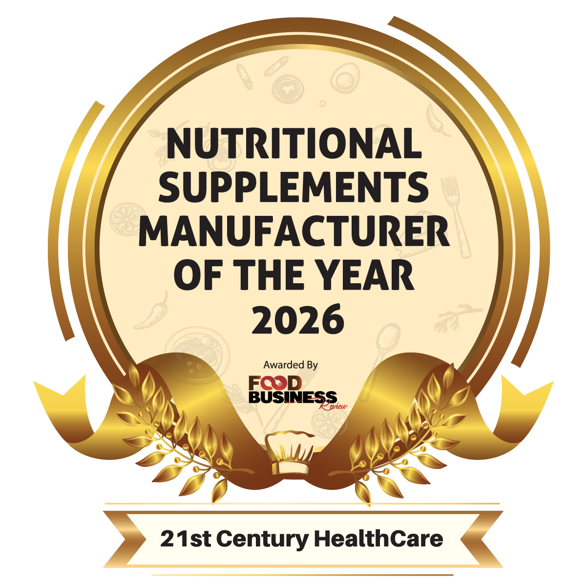Award for Nutritional Supplements Manufacturer of the Year 2026 with decorative elements and branding.