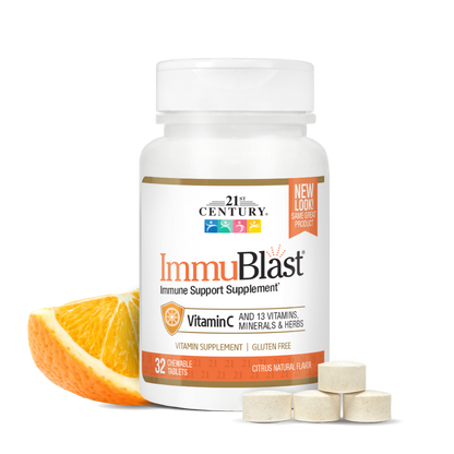 21st Century ImmuBlast immune support supplement bottle with orange slices on a white background