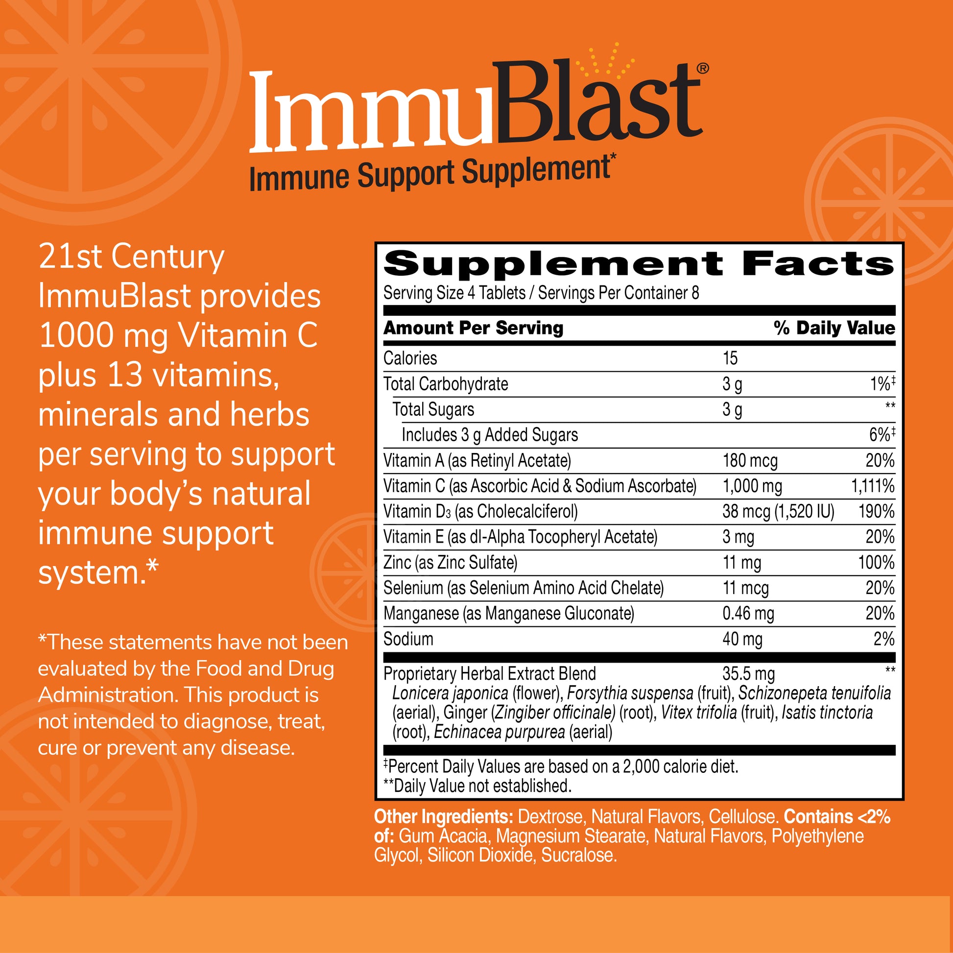 ImmuBlast immune support supplement label with text and supplement facts on an orange background