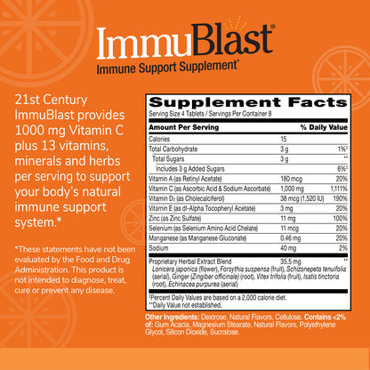 ImmuBlast immune support supplement label with text and supplement facts on an orange background