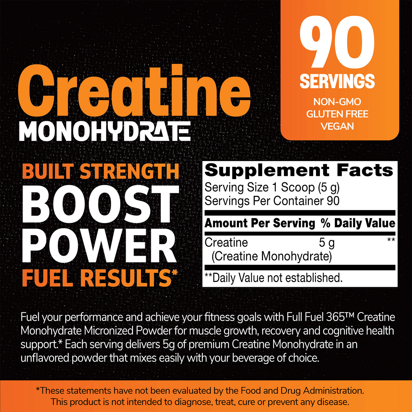 Creatine Monohydrate supplement powder label, features 90 servings, vegan, non-GMO, gluten free.