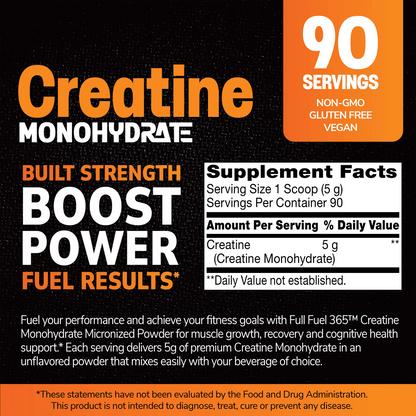 Creatine Monohydrate supplement powder label, features 90 servings, vegan, non-GMO, gluten free.