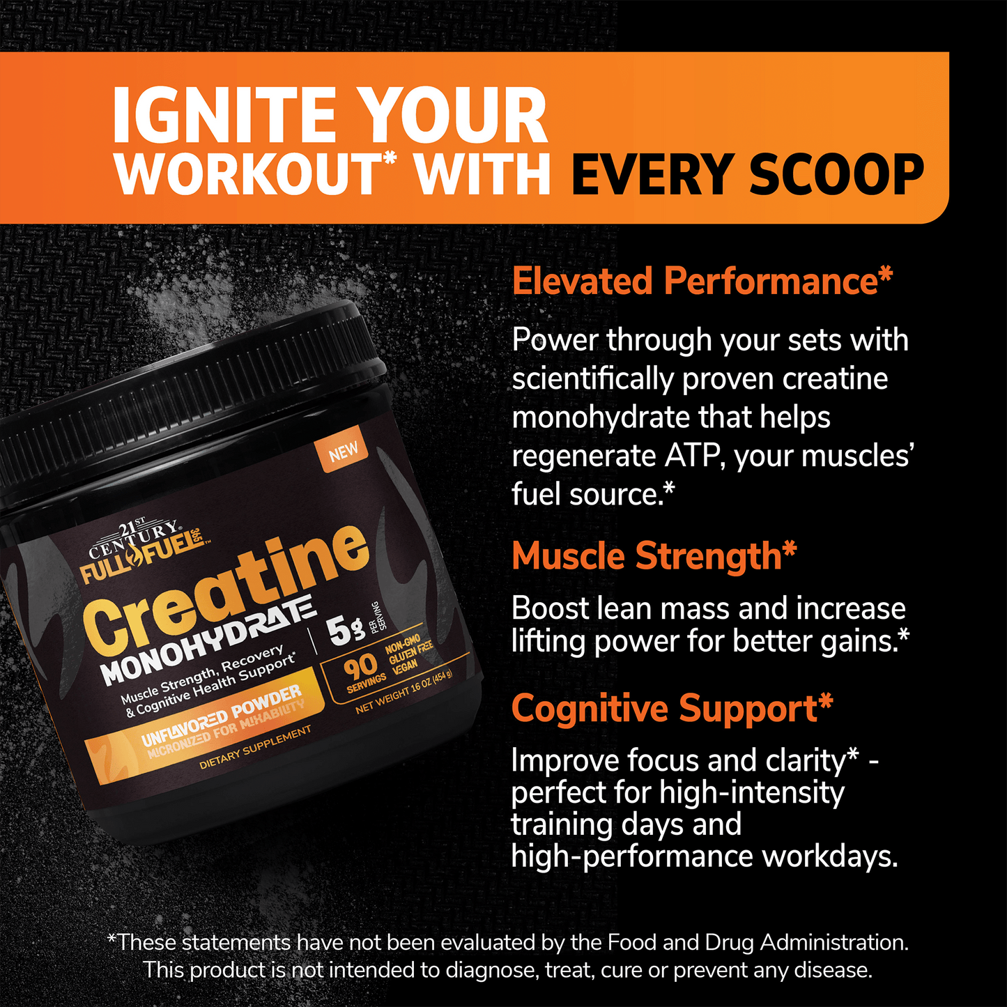 Creatine monohydrate powder supplement container with workout and muscle strength benefits highlighted