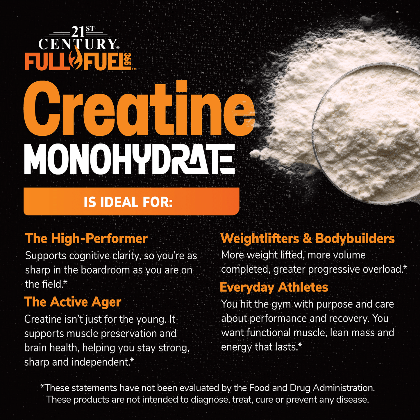 Creatine monohydrate supplement powder with benefits for athletes, high-performers, and active agers.