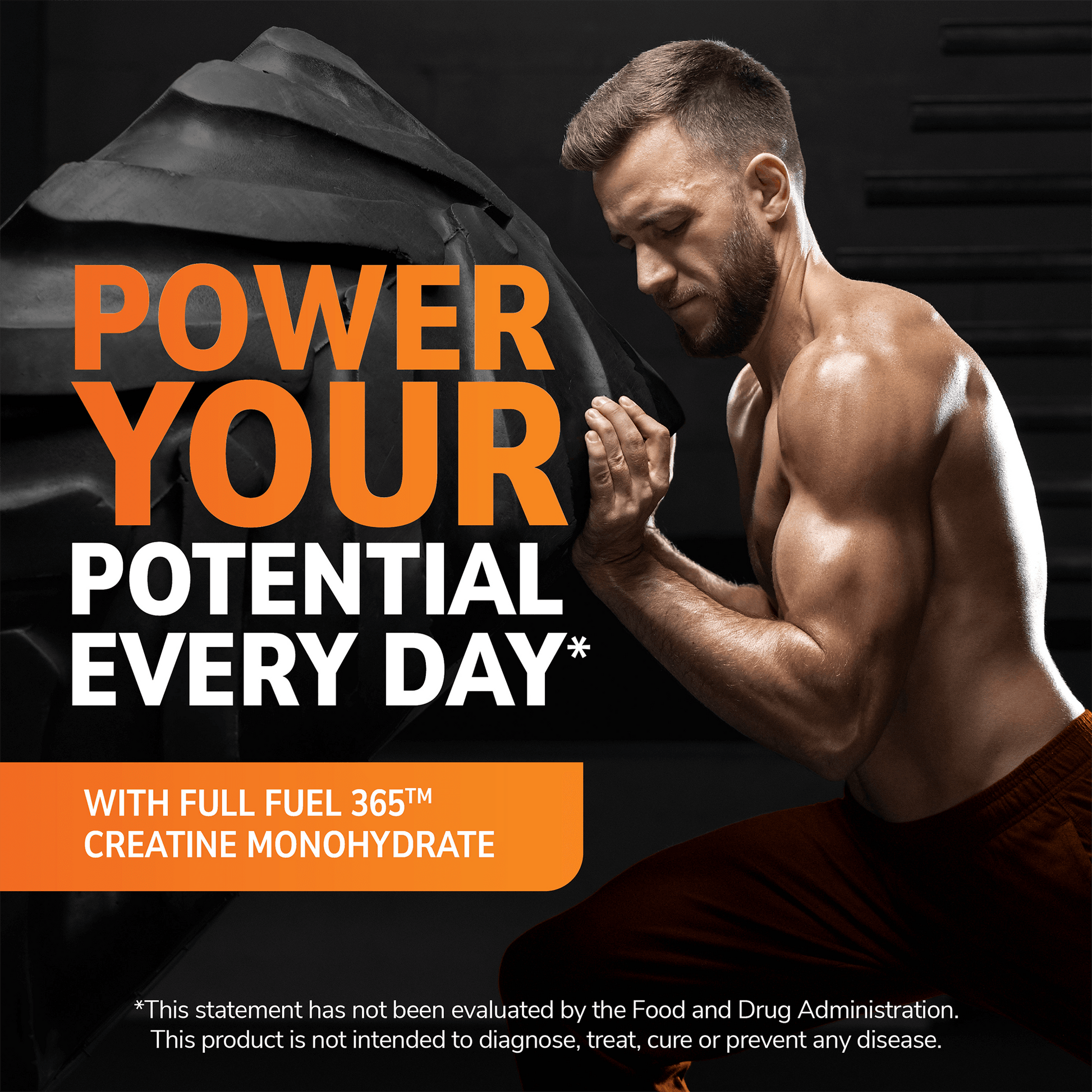 Muscular man flipping tire, promoting creatine monohydrate workout supplement