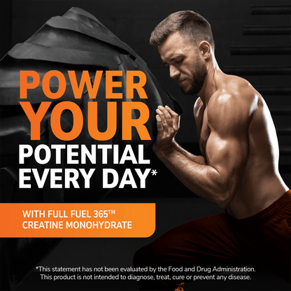 Muscular man flipping tire, promoting creatine monohydrate workout supplement