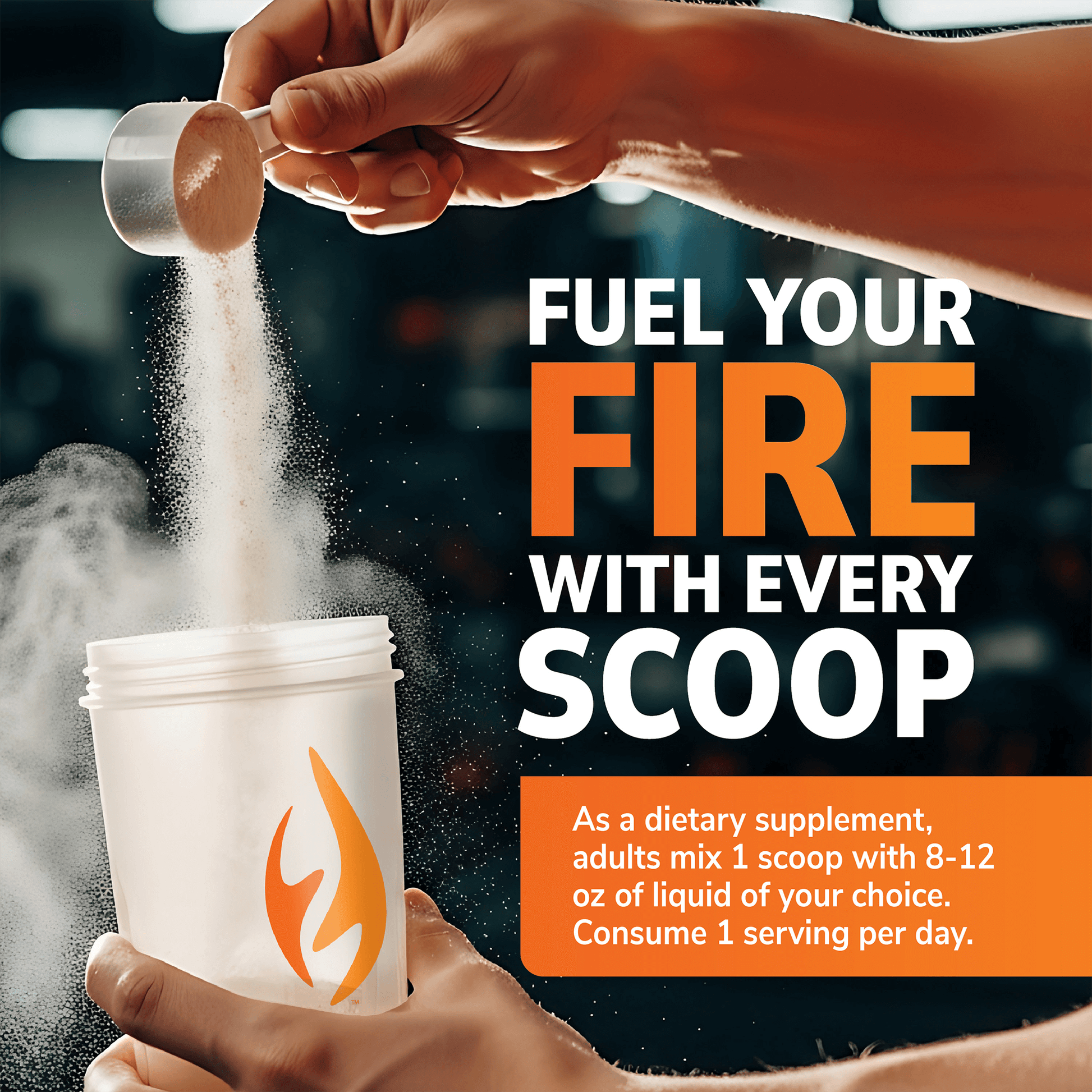 Hand pouring creatine monohydrate powder into shaker with fitness supplement and dosage text.
