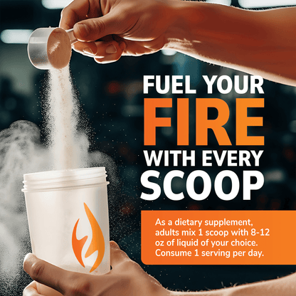 Hand pouring creatine monohydrate powder into shaker with fitness supplement and dosage text.