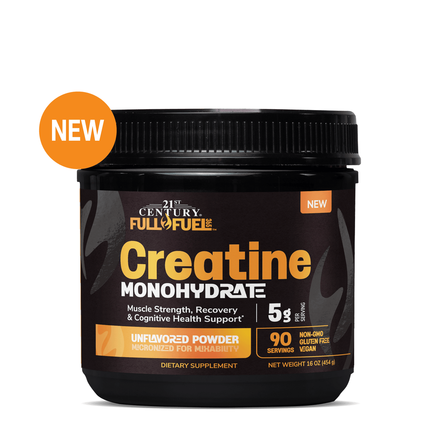 Creatine Monohydrate unflavored powder supplement, 5g per serving, 90 servings, dietary supplement.