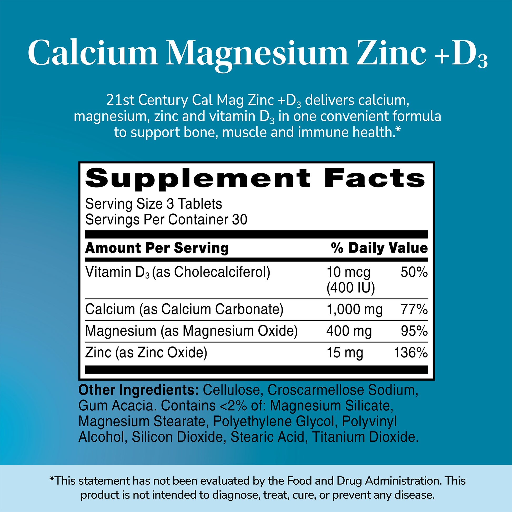 Supplement label for Cal Mag Zinc plus D with ingredient list and serving size on a blue background