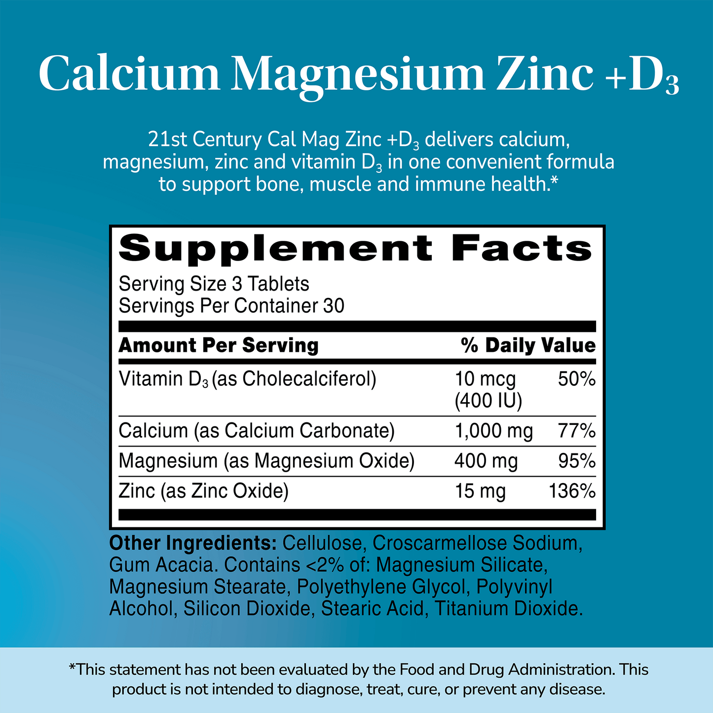 Supplement label for Cal Mag Zinc plus D with ingredient list and serving size on a blue background 