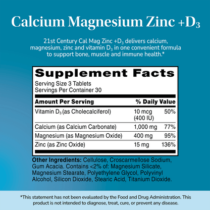 Supplement label for Cal Mag Zinc plus D with ingredient list and serving size on a blue background 