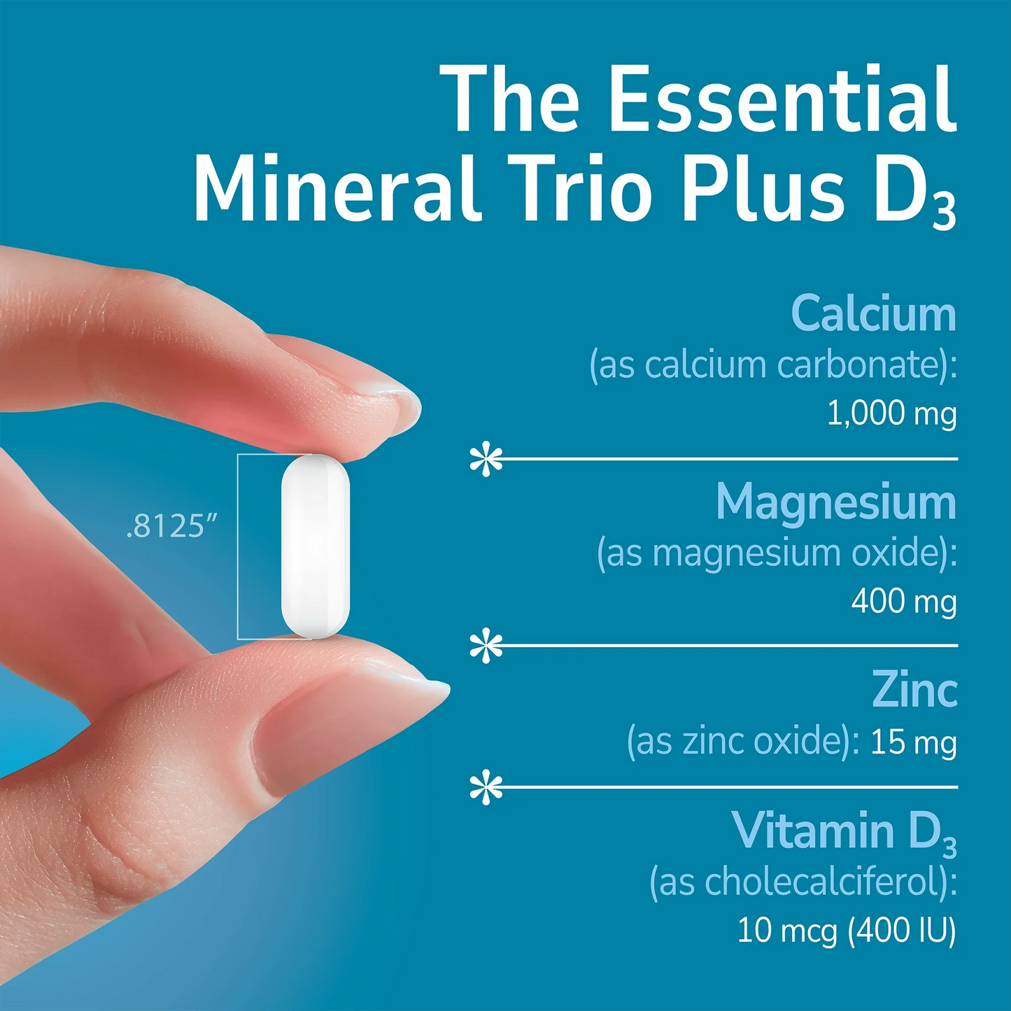 Hand holding a Cal Mag Zinc plus D supplement with text about product benefits on a blue background