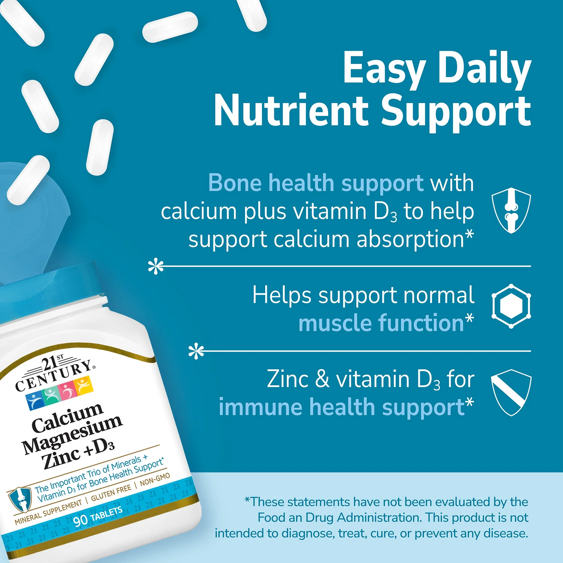 21st Century Cal Mag Zinc plus D supplement bottle with pills spilling out and white text on a blue background