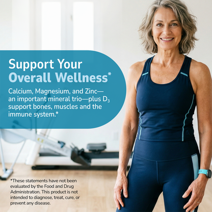 Woman in yoga outfit with health supplement information overlay