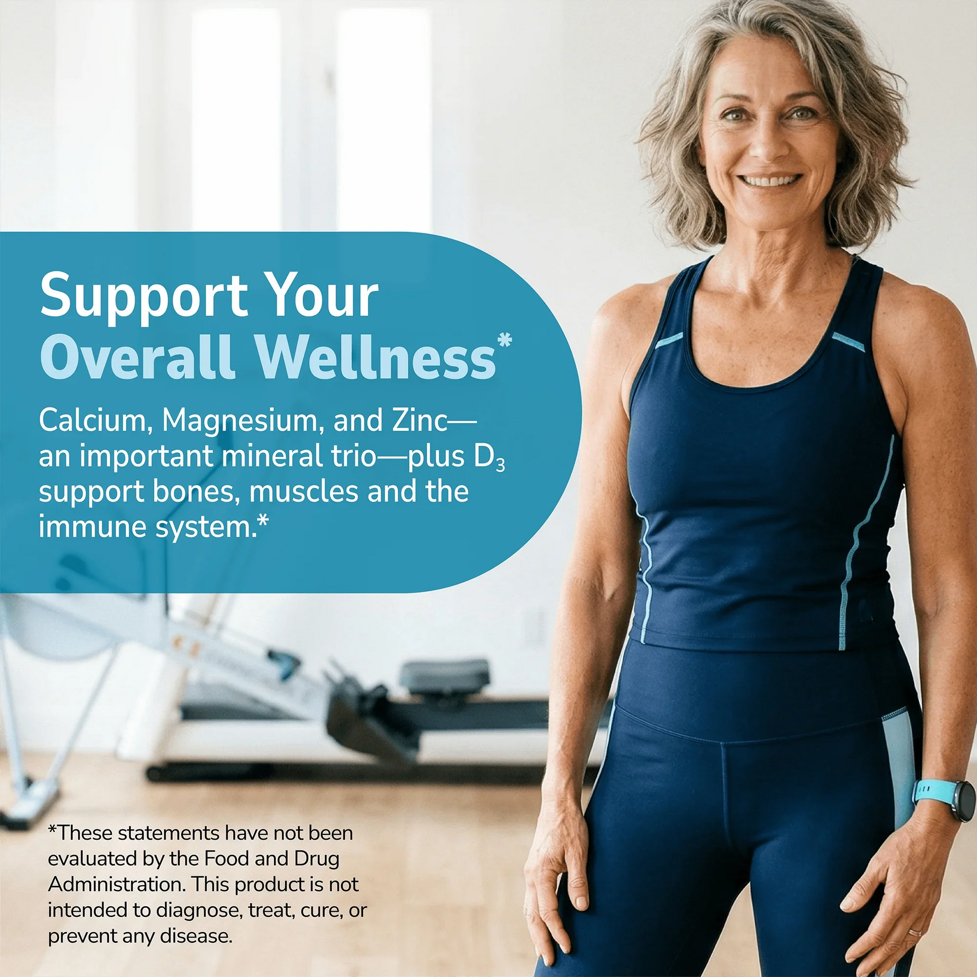 Woman working out indoors with health supplement information overlay