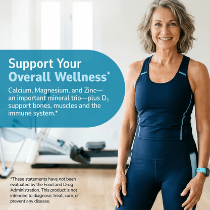 Woman working out indoors with health supplement information overlay