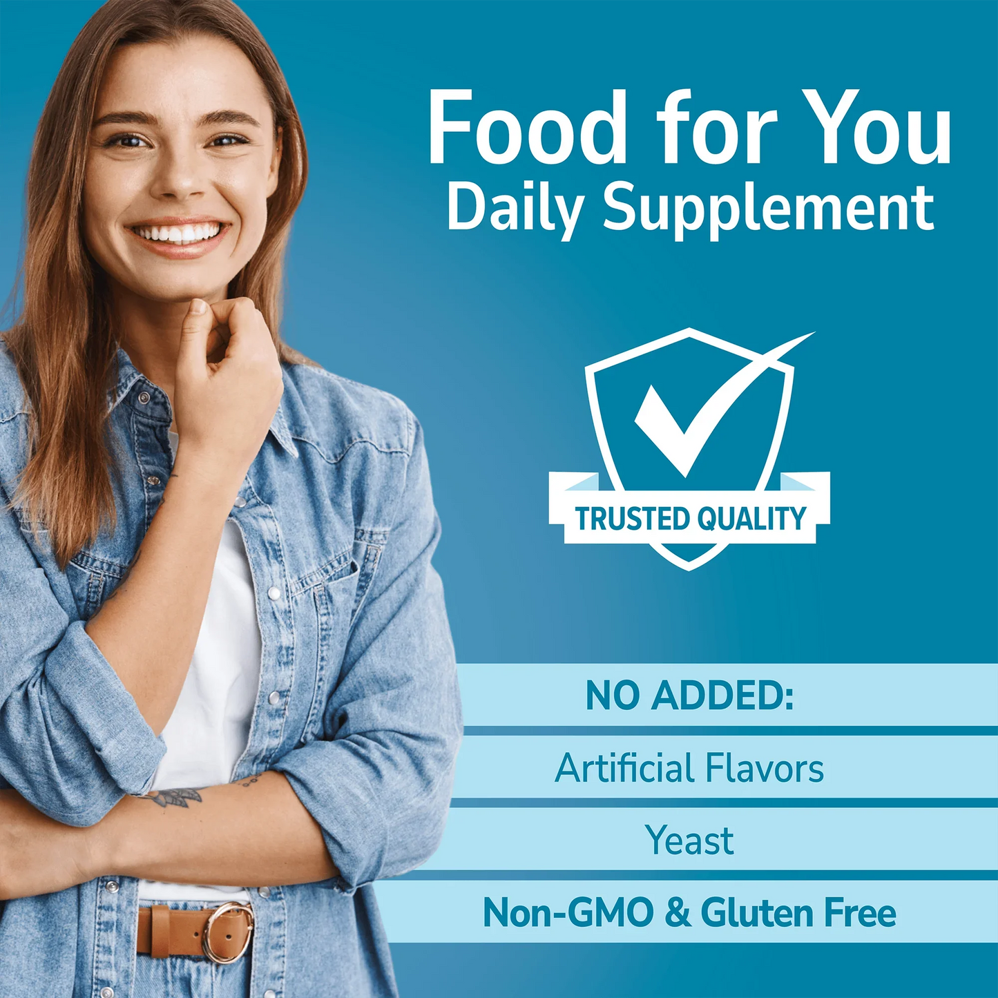 Woman holding her hand out with Food For You branding on a blue background and No Added info