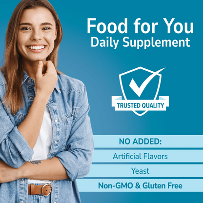 Woman holding her hand out with Food For You branding on a blue background and No Added info