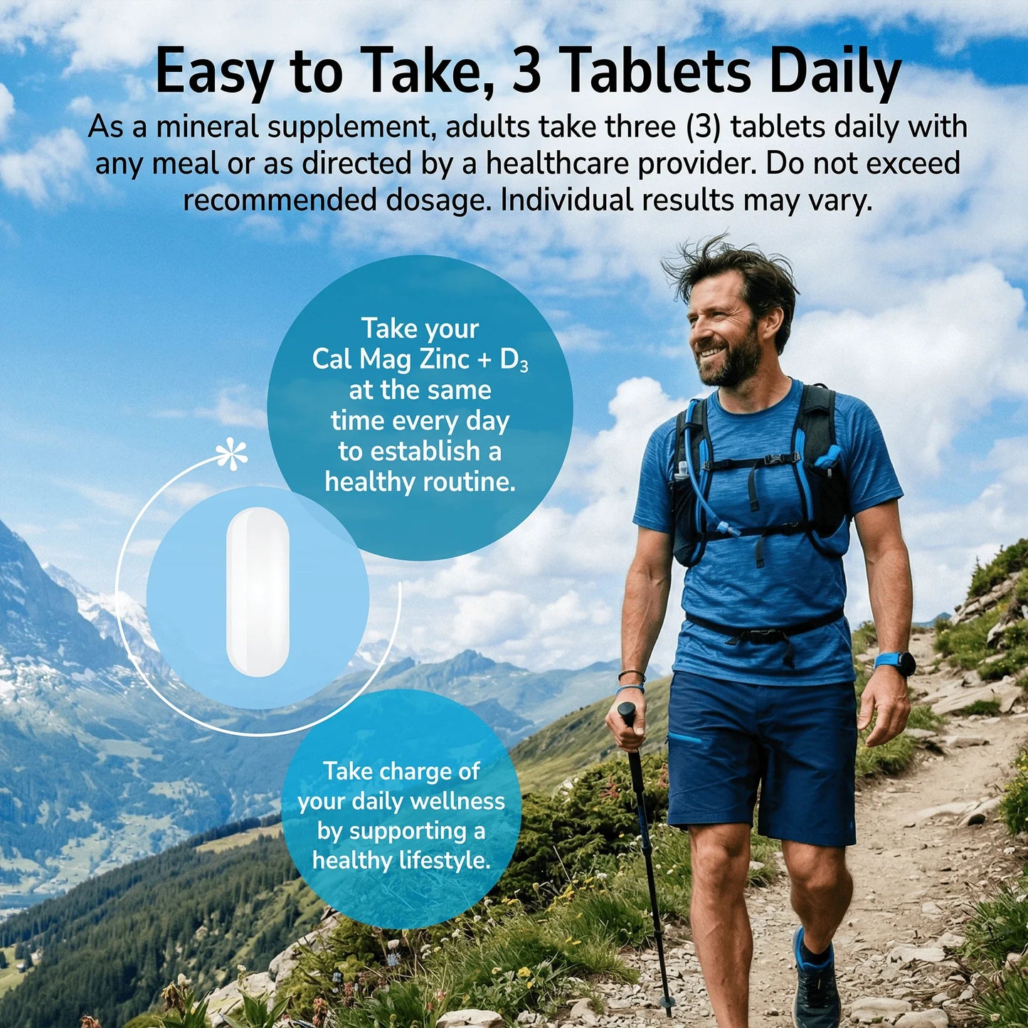 Man hiking outdoors with a product advertisement overlay and product directions