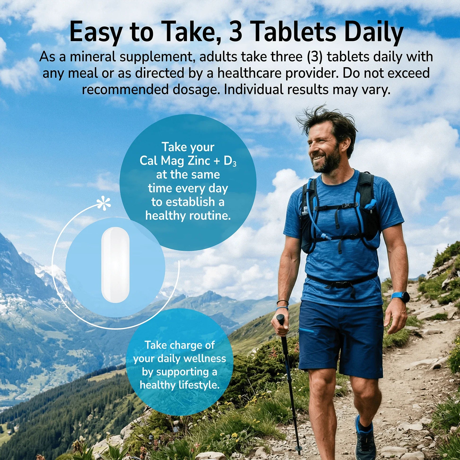 Man hiking outdoors with a product advertisement overlay and product directions