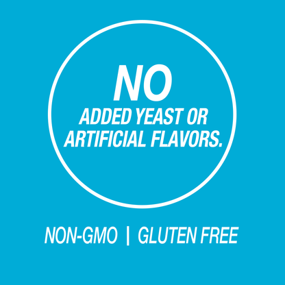 A graphic icon with the words no added yeast or artificial flavors, non-GMO and gluten free.
