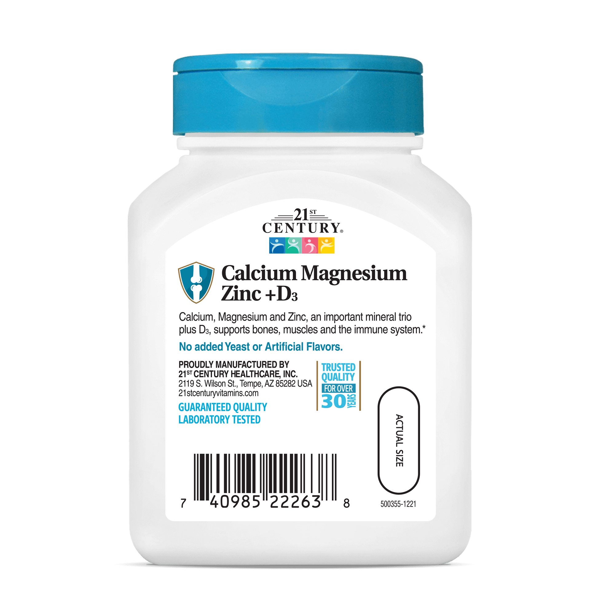 Back side bottle view of 21st Century Calcium Magnesium Zinc plus D3 tablets.