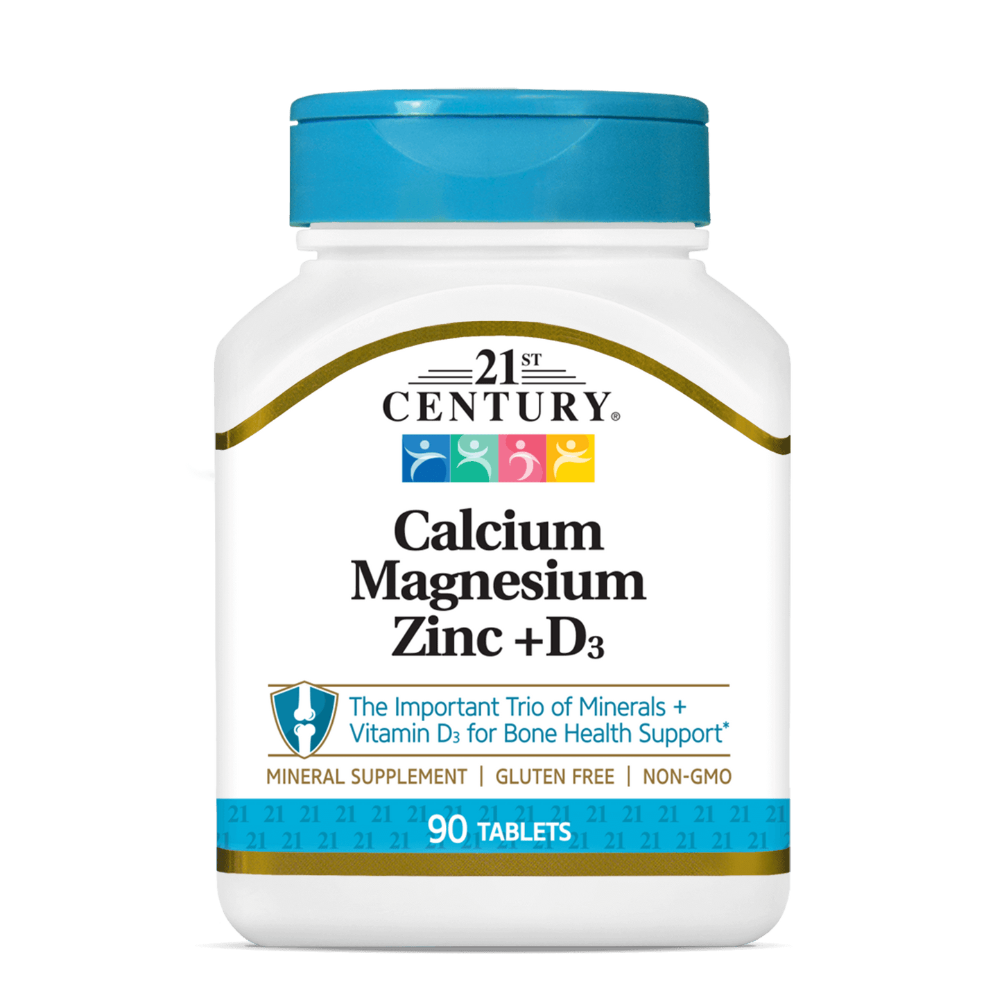 A bottle of 21st Century Calcium Magnesium Zinc plus D3 tablets.