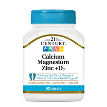A bottle of 21st Century Calcium Magnesium Zinc plus D3 tablets.
