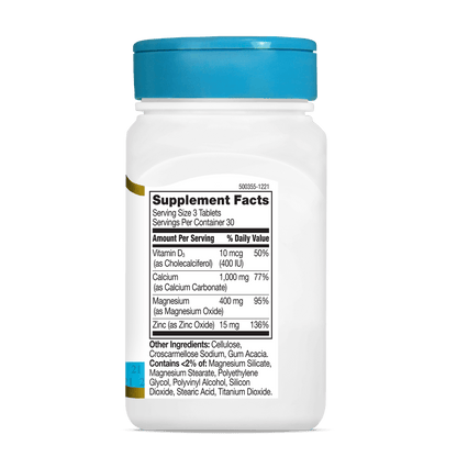 Right side bottle view of 21st Century Calcium Magnesium Zinc plus D3 tablets.