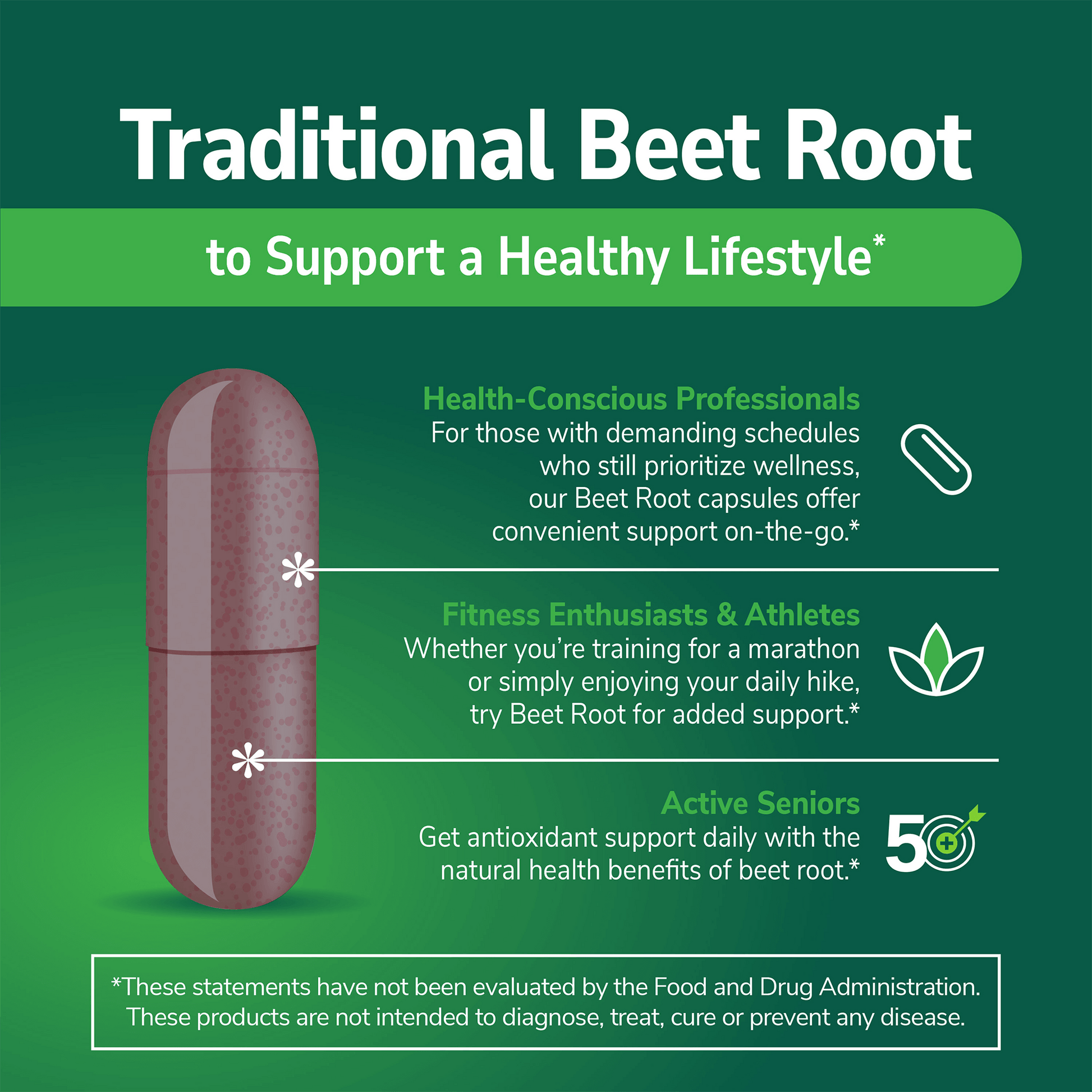 An image of a beet root capsule with the claims traditional beet root to support a healthy lifestyle, health-conscious professionals for those with demanding schedules who still prioritize wellness, our beet root capsules offer convenient support on-the-go, fitness enthusiasts and athletes, whether you're training for a marathon or simply enjoying your daily hike, try beet root for added support, and active seniors, get antioxidant support daily with the natural health benefits of beet root.
