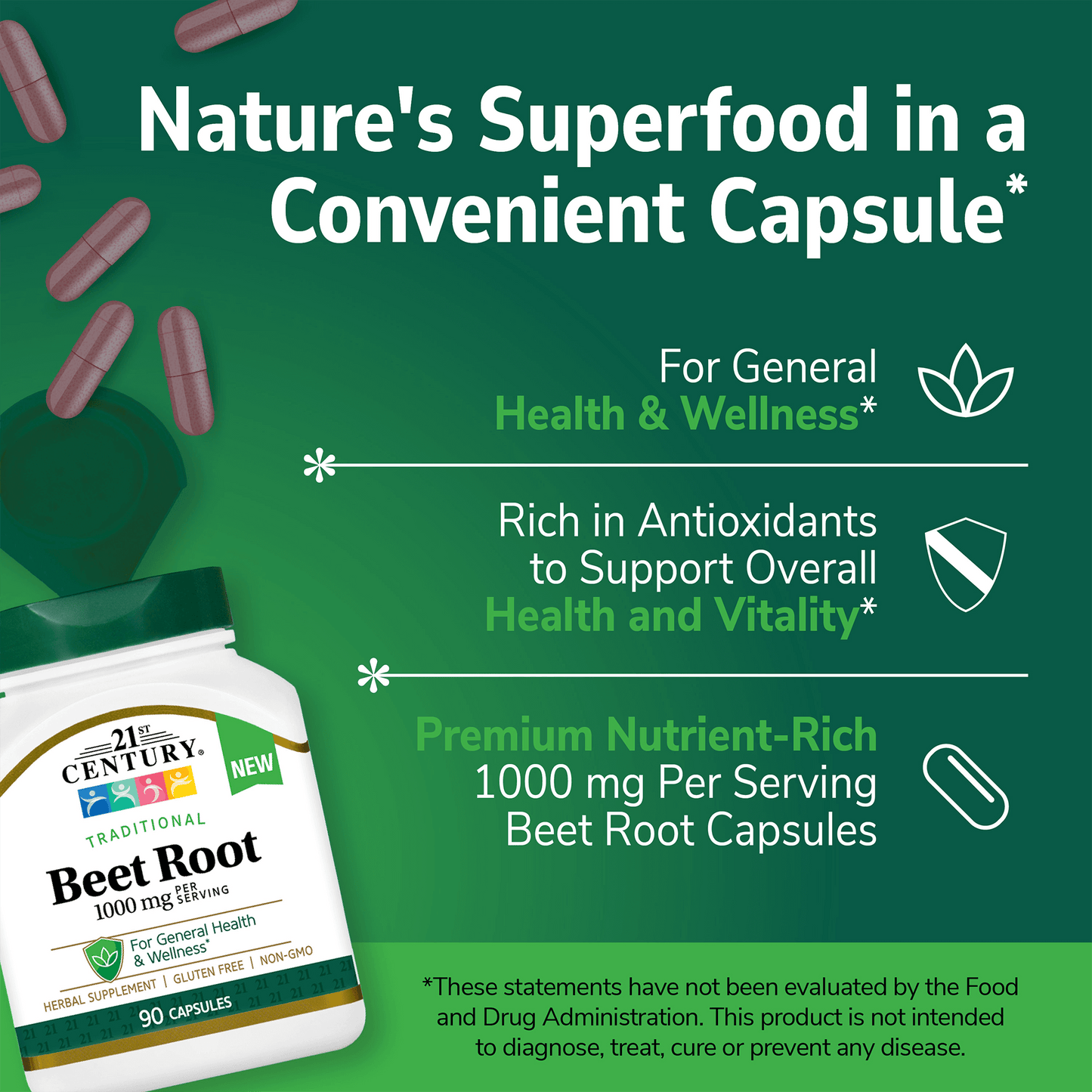 A bottle image of 21st century beet root with the cap open and beet root capsules coming out of the top and the claims, for general health and wellness, rich in antioxidants to support overall health and vitality, and premium nutrient-rich 1000 mg per serving beet root capsules.