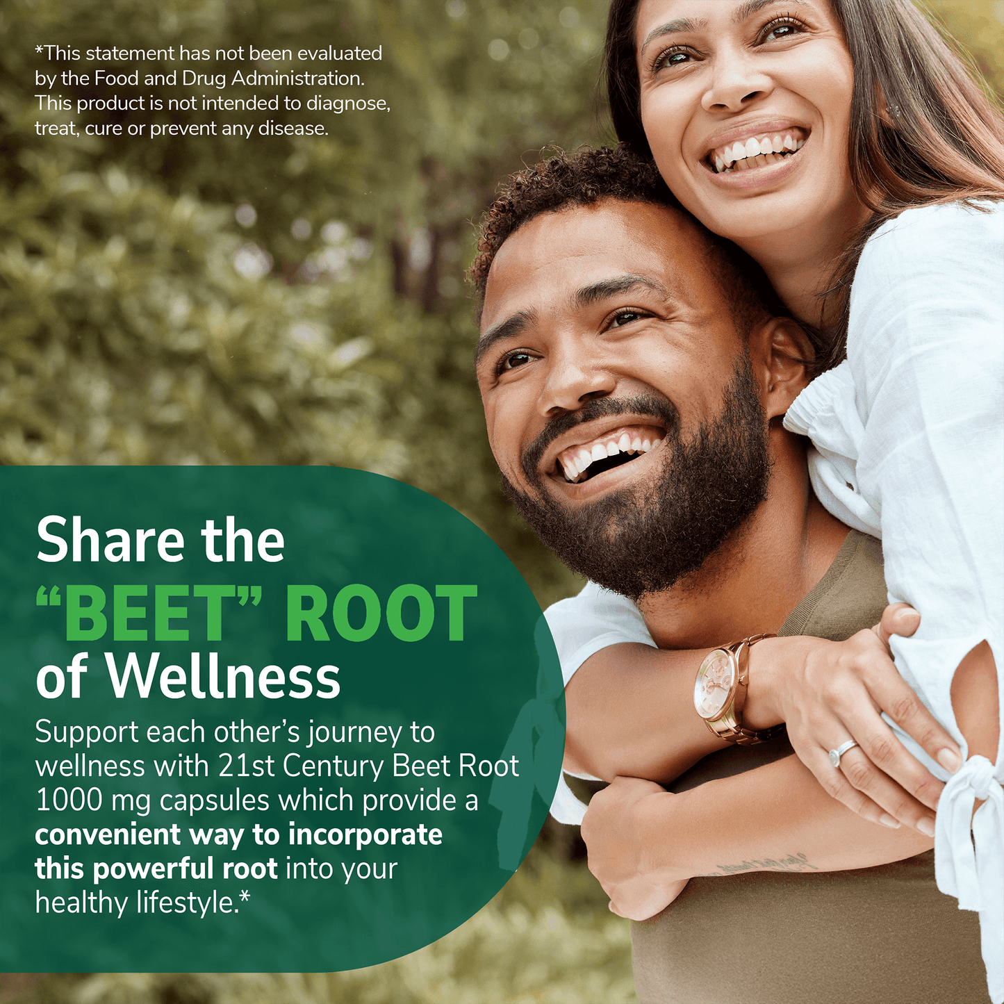 An image of a happy african american woman on hugging a man with the claim, share the beet root of wellness, and support each other's journey to wellness with 21st century beet root 1000 mg capsules which provide a convenient way to incorporate this powerful root into your healthy lifestyle.
