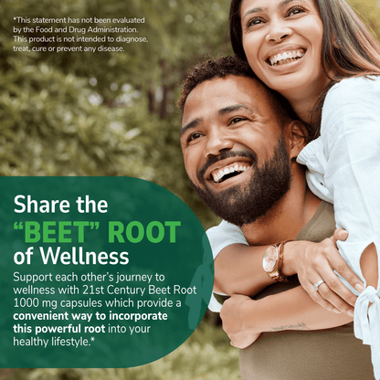 An image of a happy african american woman on hugging a man with the claim, share the beet root of wellness, and support each other's journey to wellness with 21st century beet root 1000 mg capsules which provide a convenient way to incorporate this powerful root into your healthy lifestyle.