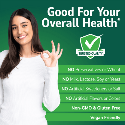 An image of a happy woman smiling, making the okay sign with her hand, a trusted quality seal icon, and the nutrient claims no preservatives or wheat, no milk, lactose, soy or yeast, no artificial sweeteners or salt, no artificial flavors or colors, non-gmo and gluten free, and vegan friendly.