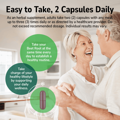 An image of an older couple dancing together in a kitchen, a beet root capsules, product direction copy, and the words take your beet root at the same time every day to establish a healthy routine, and take charge of your healthy lifestyle by supporting your daily wellness.
