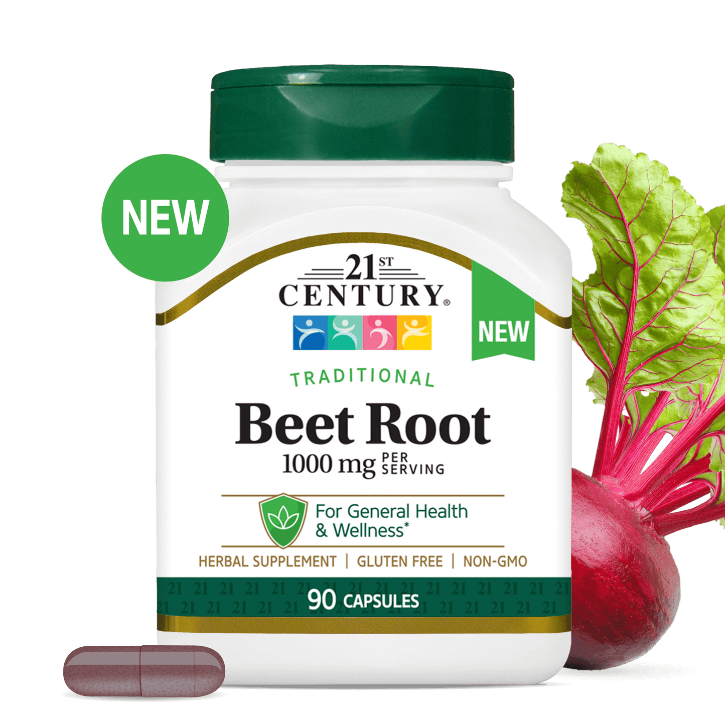 A bottle of 21st Century Beet Root 1000mg, a beet root capsule in front and a beet in the back.