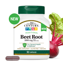 A bottle of 21st Century Beet Root 1000mg, a beet root capsule in front and a beet in the back.