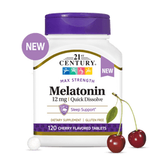 A bottle of 21st Century Melatonin 12 mg max strength quick dissolve tablets.