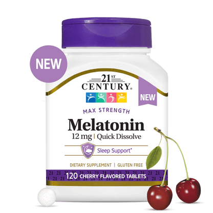 A bottle of 21st Century Melatonin 12 mg max strength quick dissolve tablets.