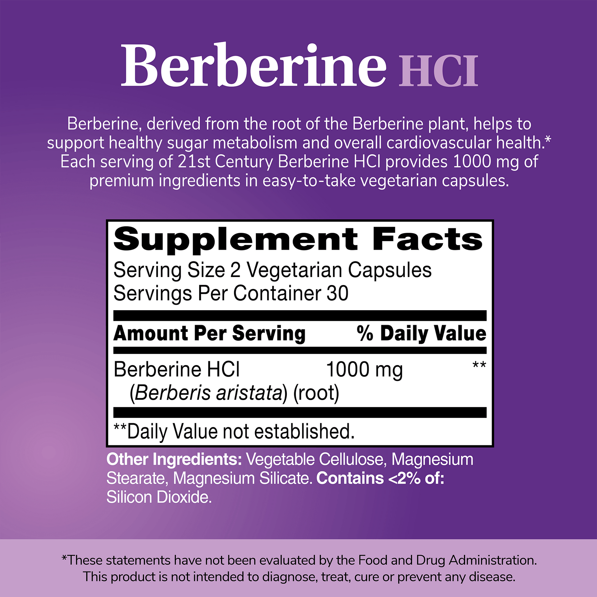 A image of the 21st Century Berberine HCl supplement facts panel with the claim, berberine, delivered from the root of the berberine plant, helps to support normal blood sugar metabolism and overall cardiovascular health*, each serving of 21st century berberine HCl provides 1000 mg of premium ingredients in easy-to-take vegetarian capsules.
