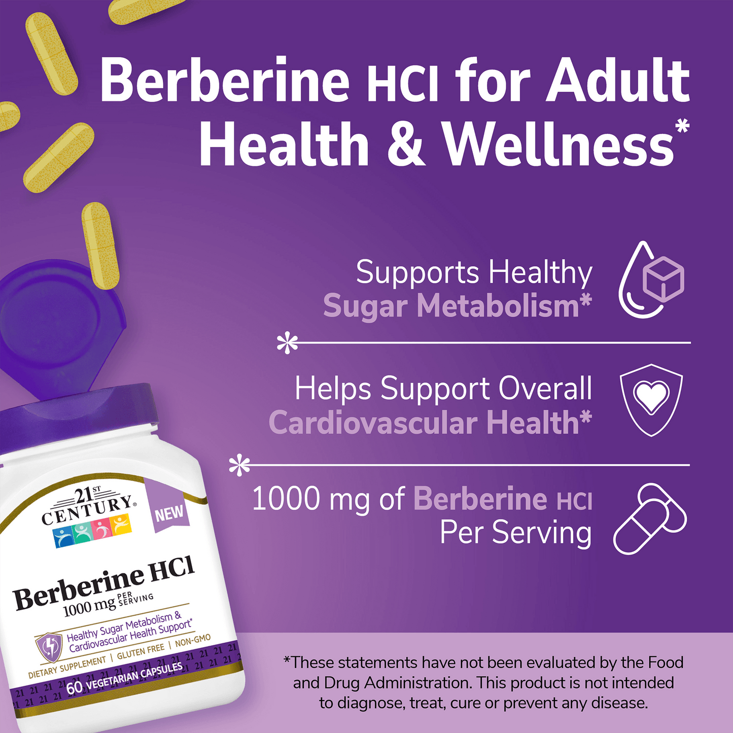 A bottle of 21st century berberine HCl with the cap open and berberine capsules pouring out from the top and the claims support healthy sugar metabolism, helps support overall cardiovascular health, and 1000 mg of berberine hcl per serving.