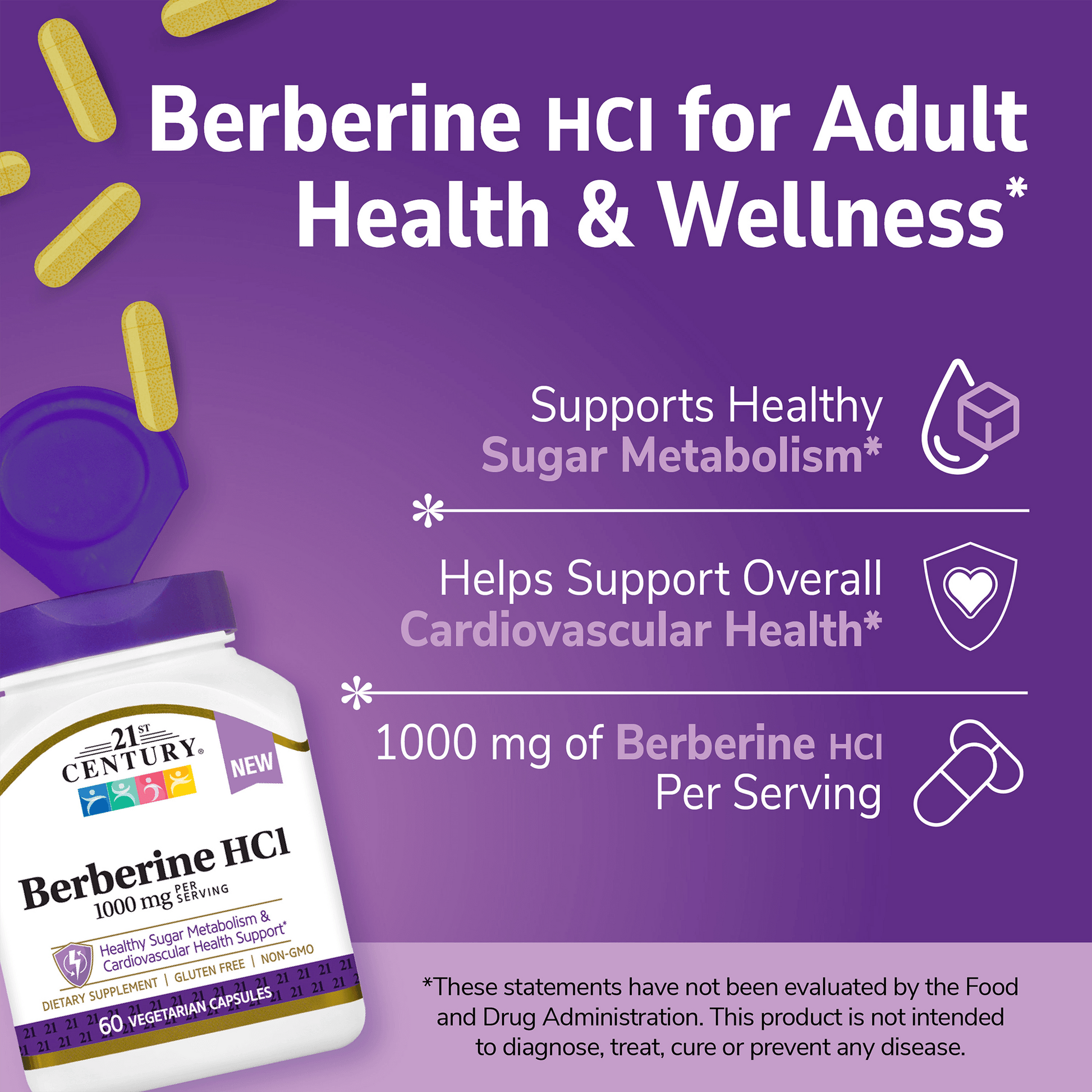 A bottle of 21st century berberine HCl with the cap open and berberine capsules pouring out from the top and the claims support healthy sugar metabolism, helps support overall cardiovascular health, and 1000 mg of berberine hcl per serving.