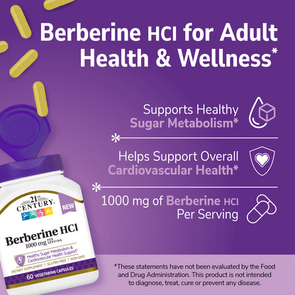 A bottle of 21st century berberine HCl with the cap open and berberine capsules pouring out from the top and the claims support healthy sugar metabolism, helps support overall cardiovascular health, and 1000 mg of berberine hcl per serving.