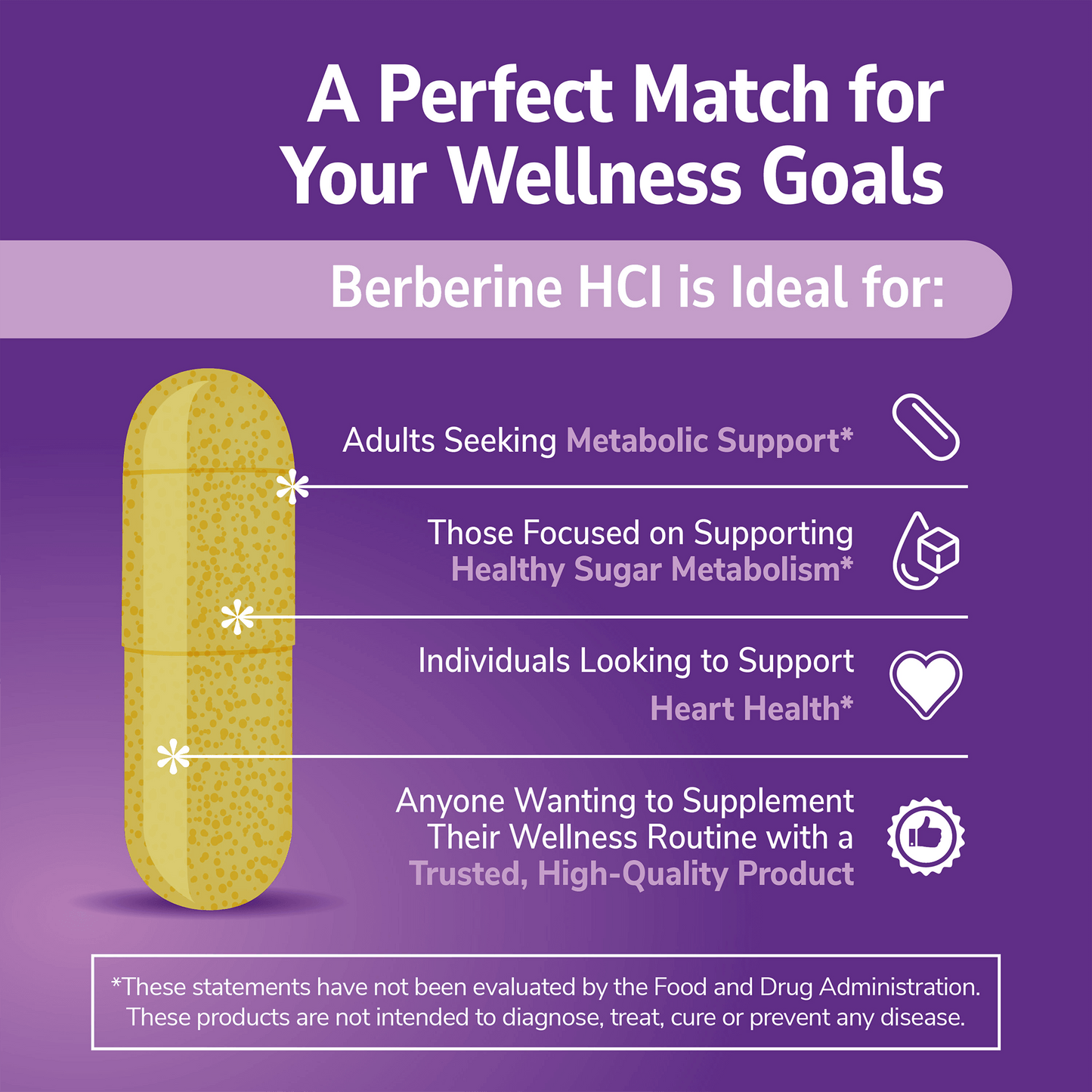 An image of a berberine hcl capsule, copy stating a perfect match for your wellness goals, berberine hcl is ideal for, and the claims adults seeking metabolism support, those focused on maintaining healthy blood sugar levels, individuals looking to support hearth health and anyone wanting to supplement their wellness routine with a trusted, high-quality product.